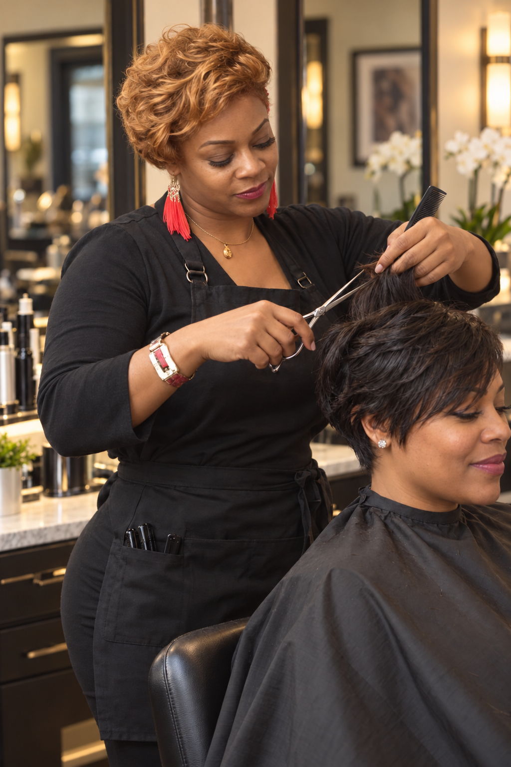 Aster Wilburn styling a client at Precise Color N Cut in Alpharetta, Georgia